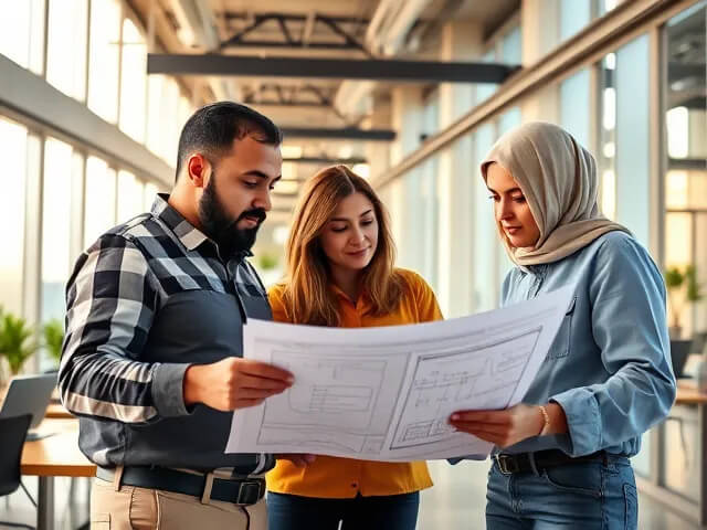 Ingénieurs du bureau d’études techniques RYM Ingenierie Maroc, travaillant sur des plans techniques dans un environnement professionnel